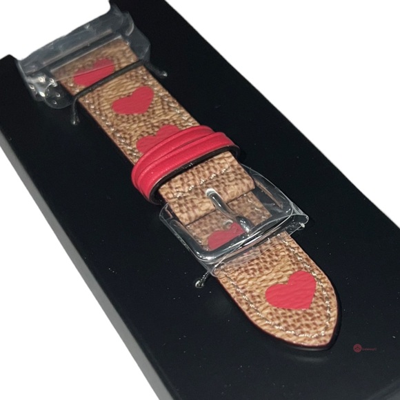 COACH Signature Tan Logo Red Heart Motif Leather 38 40 MM Apple Watch Band Strap - Picture 9 of 13